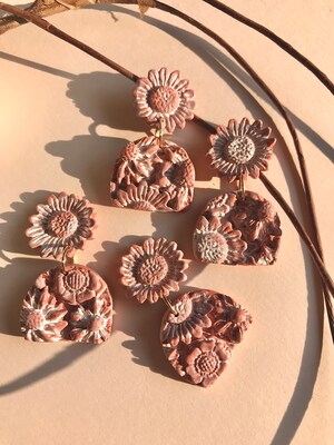 Glazed Terracotta polymer clay floral sunflower earrings, fall earrings, frosted terra cotta, floral textured earrings, modern earrings - image6